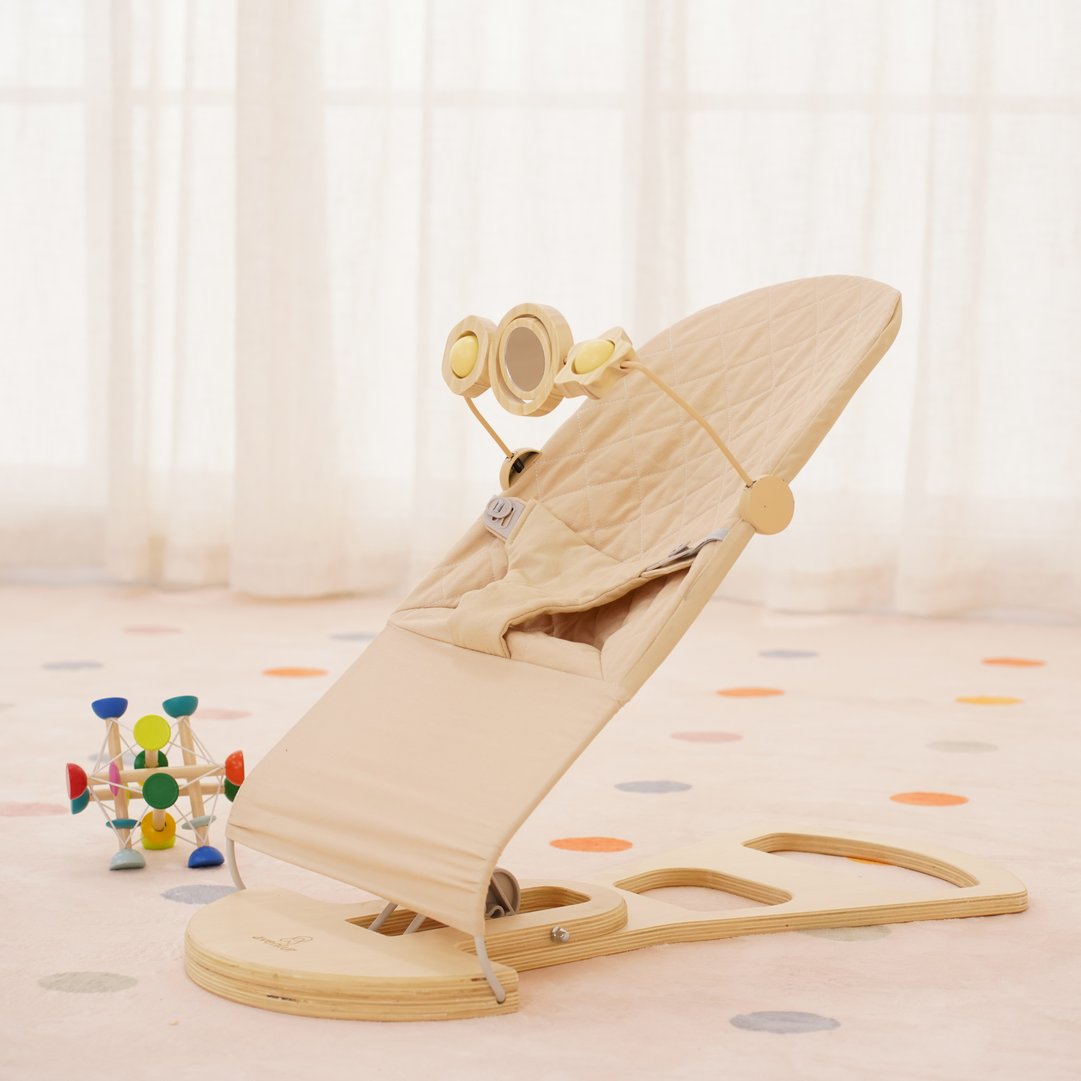Avenlur Fir Wooden Baby Bouncer – Foldable Infant Rocker with Play Arch