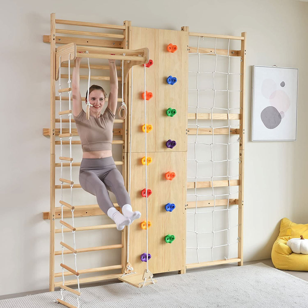 Activity Ladder Walnut 9-in-1 Swedish Ladder Wall Gym | Indoor Wooden Climber & Activi ...