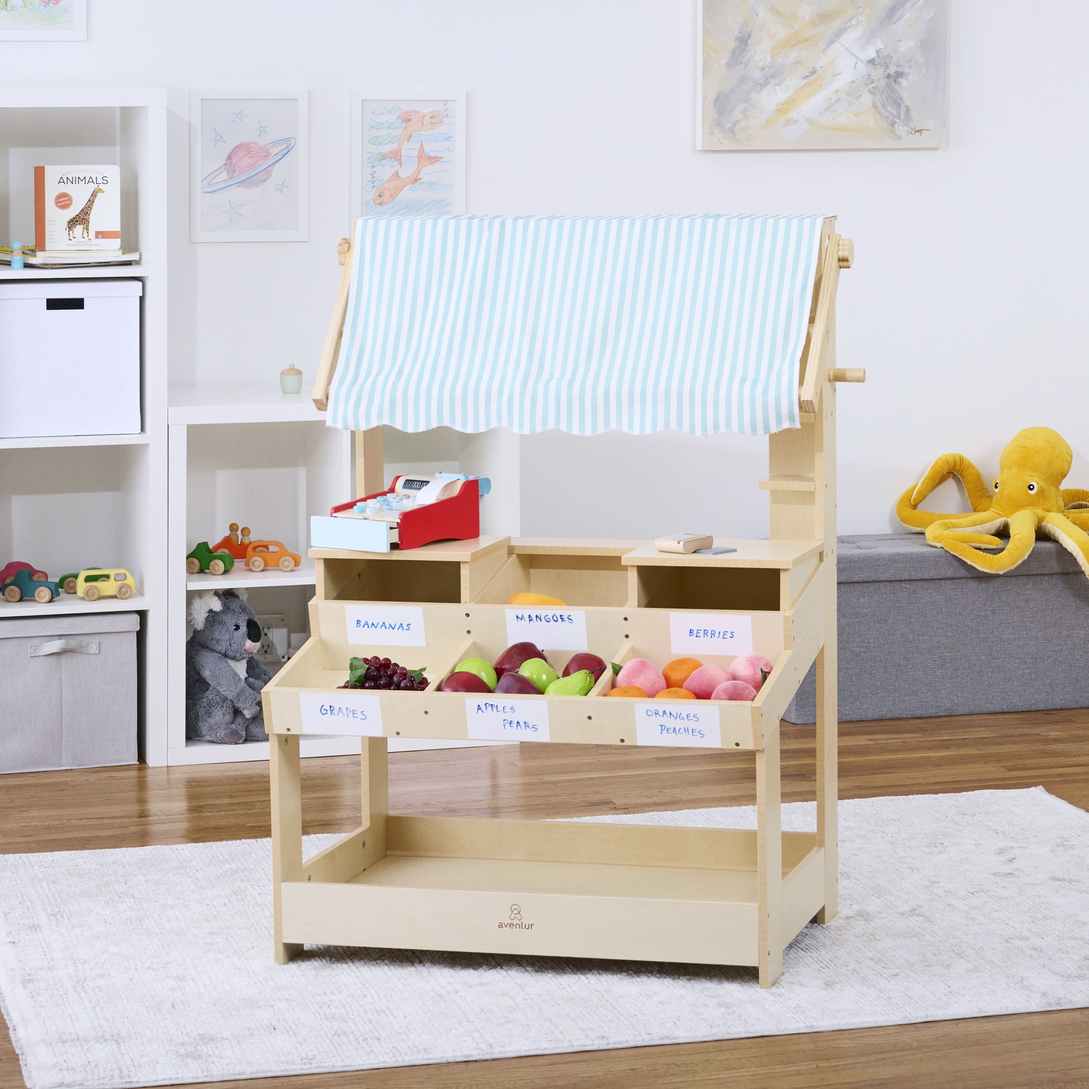 Cypress Wooden Market Stand – Pretend Play Shop for Kids with Storage