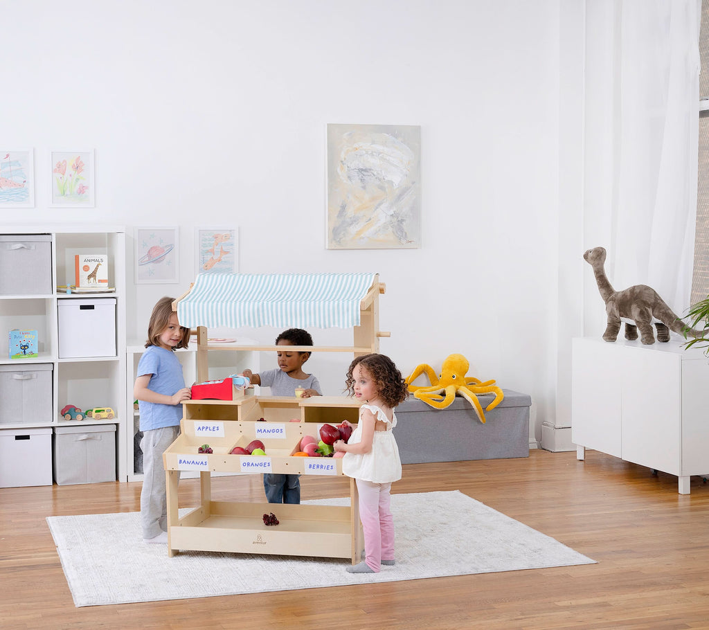 Cypress Wooden Market Stand – Pretend Play Shop for Kids with Storage