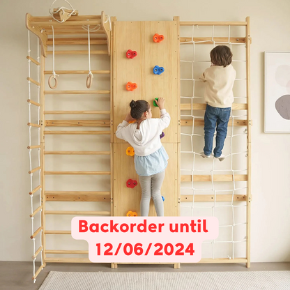 Walnut 9-in-1 Swedish Ladder Wall Gym | Indoor Wooden Climber & Activity Set for Kids