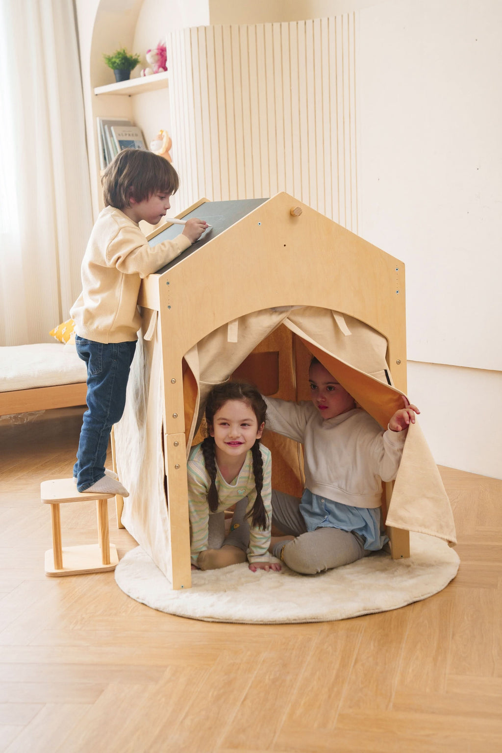 Ash Adjustable Wooden Learning Tent with Kids Desk & Chair – 2-in-1 Play & Study Station