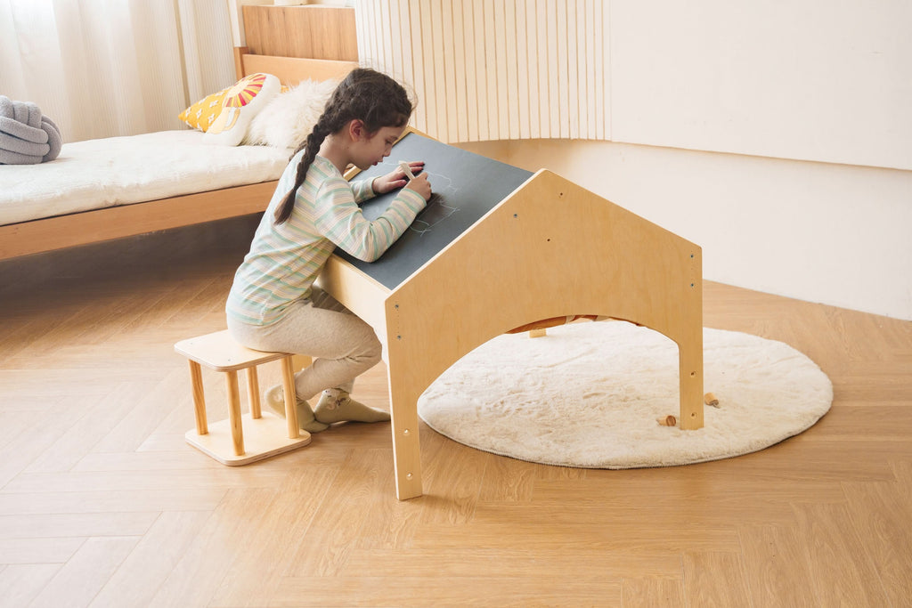 Ash Adjustable Wooden Learning Tent with Kids Desk & Chair – 2-in-1 Play & Study Station